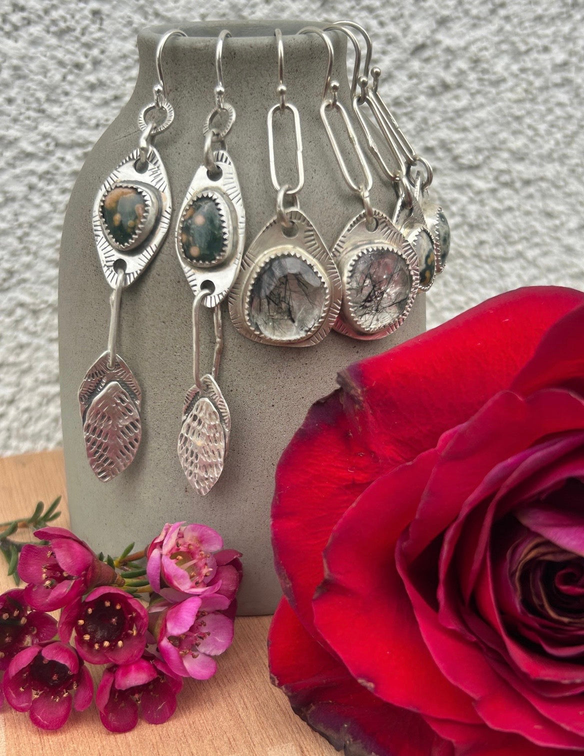 Ocean Jasper & Sterling Silver Feather Earrings