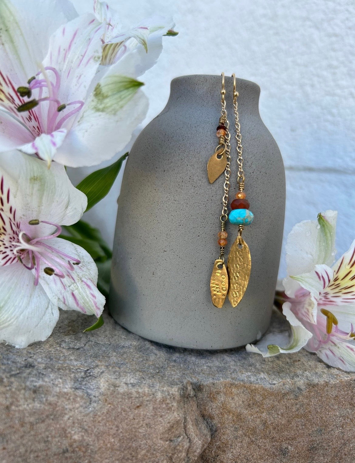 Turquoise, Carnelian, Garnet & Brass Earrings