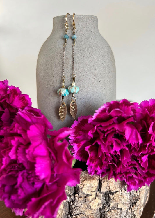 Hand stamped Turquoise & Apatite Earrings-old school style.