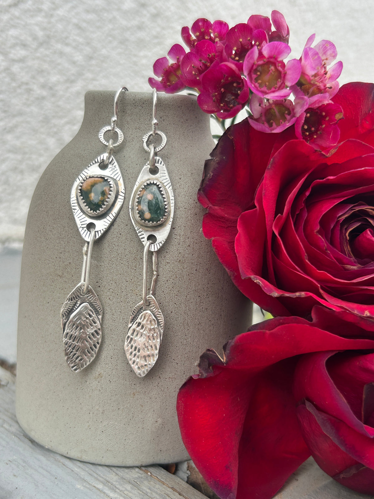 Ocean Jasper & Sterling Silver Feather Earrings.