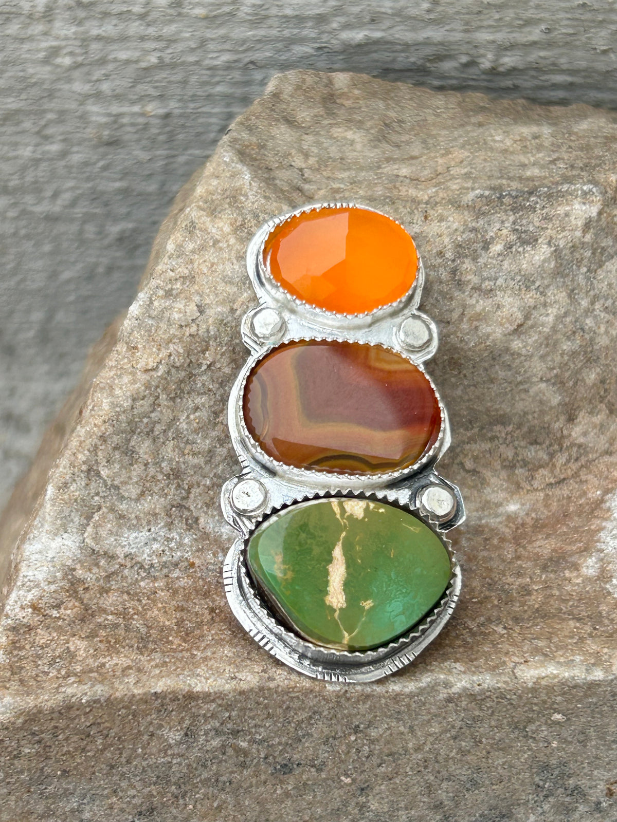 Triple stack Carnelian, Agate & Turquoise Ring