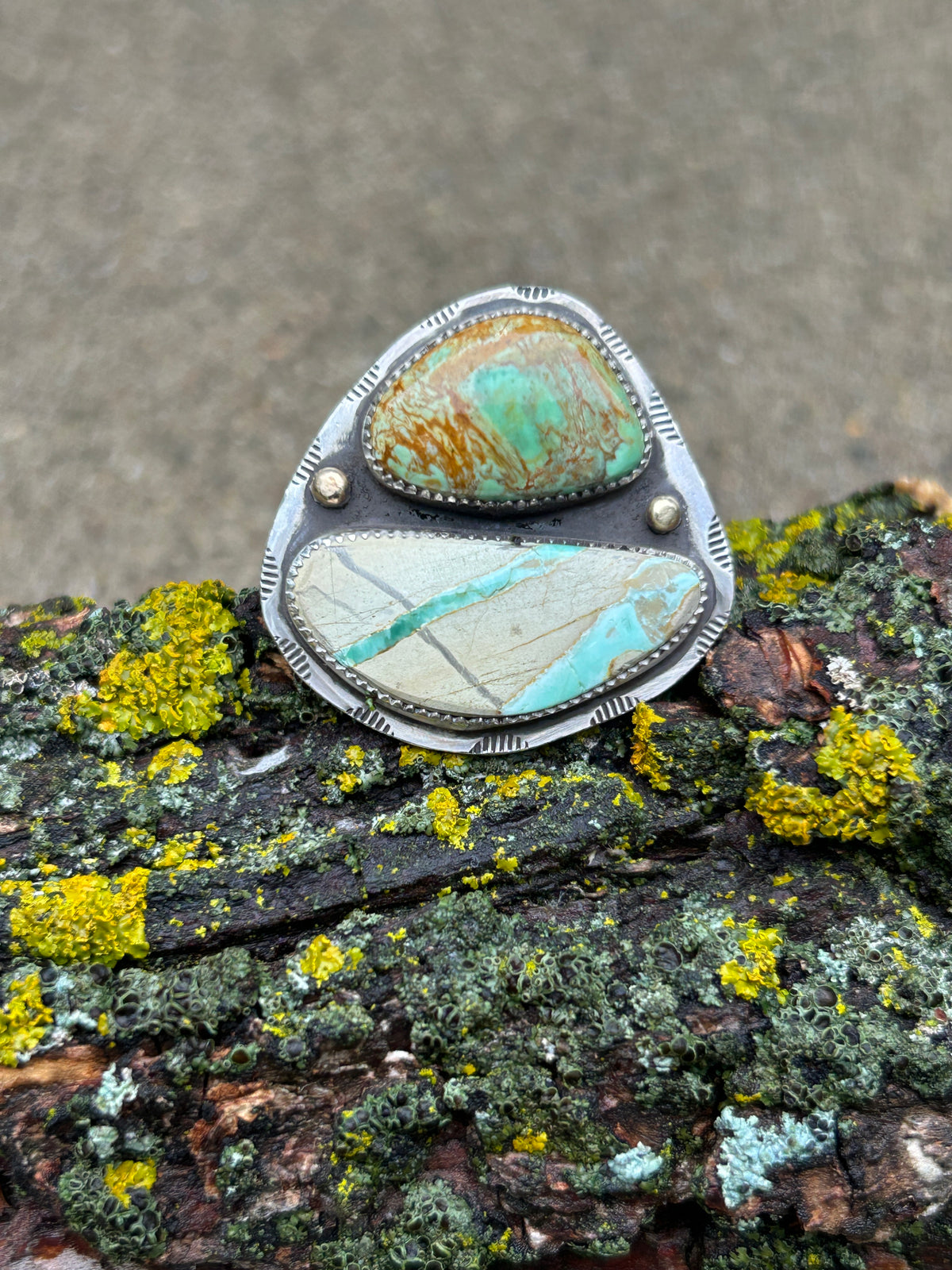 Double Variscite Silver & 14k Gold details Ring
