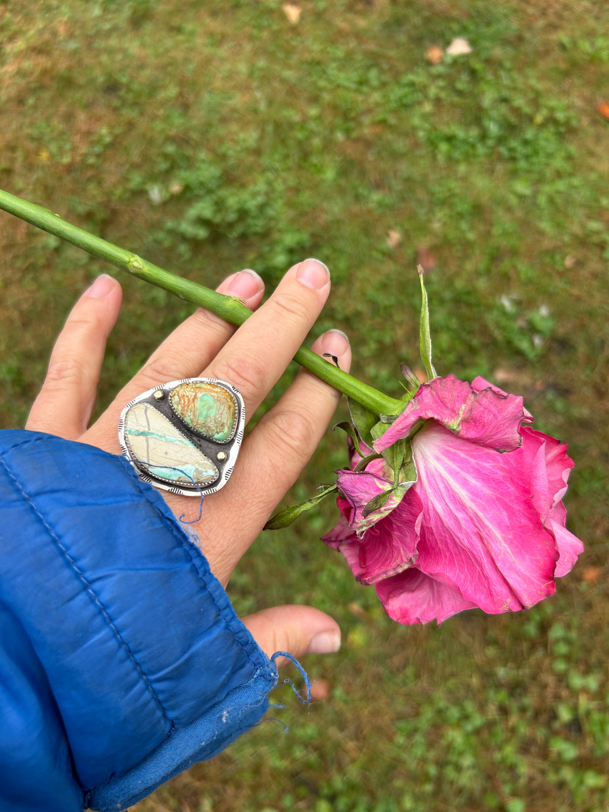 Double Variscite Silver & 14k Gold details Ring