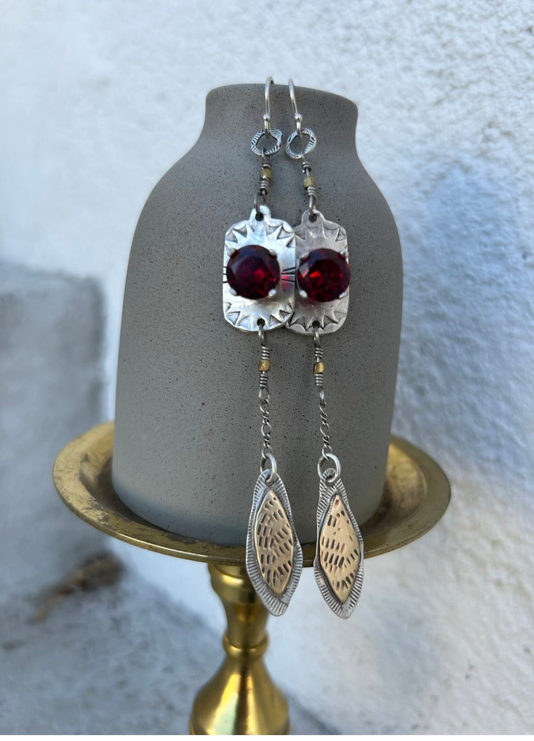 Garnets, Brass & Sterling Silver Earrings