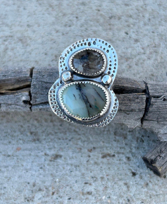 Peruvian Opal & Black Rutilated Quartz Ring