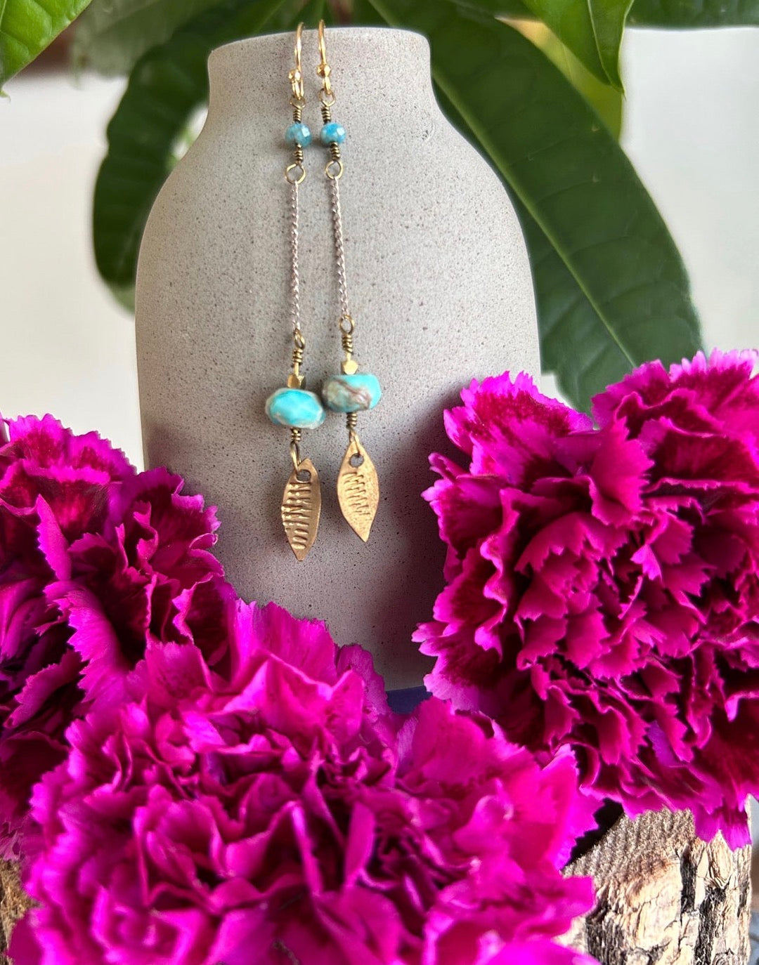 Hand stamped Turquoise & Apatite Earrings-old school style.