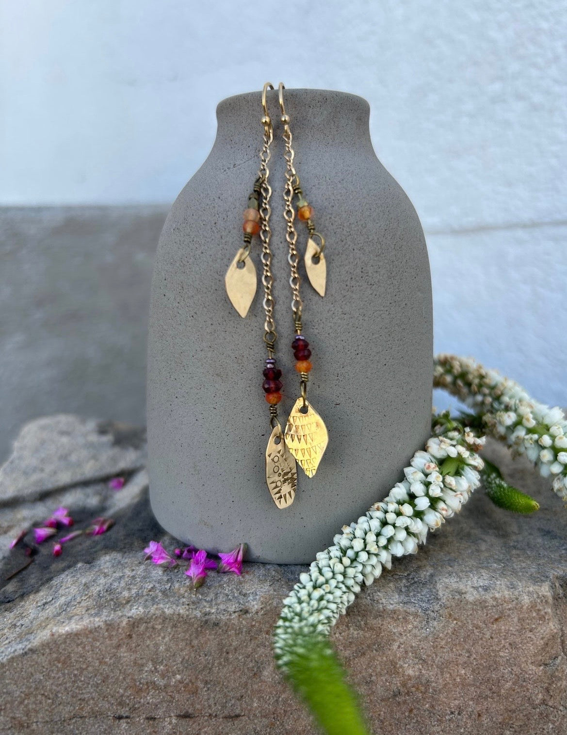 Carnelian, Garnet & Brass Earrings