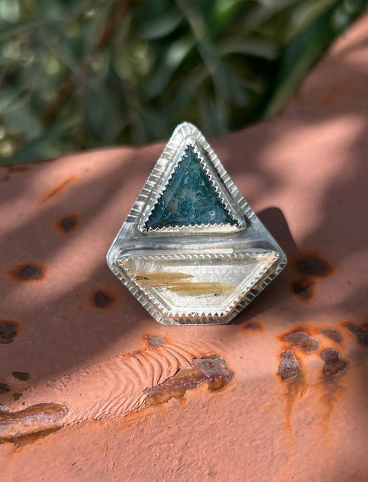 Moss Agate & Rutilated Quartz Superman Ring