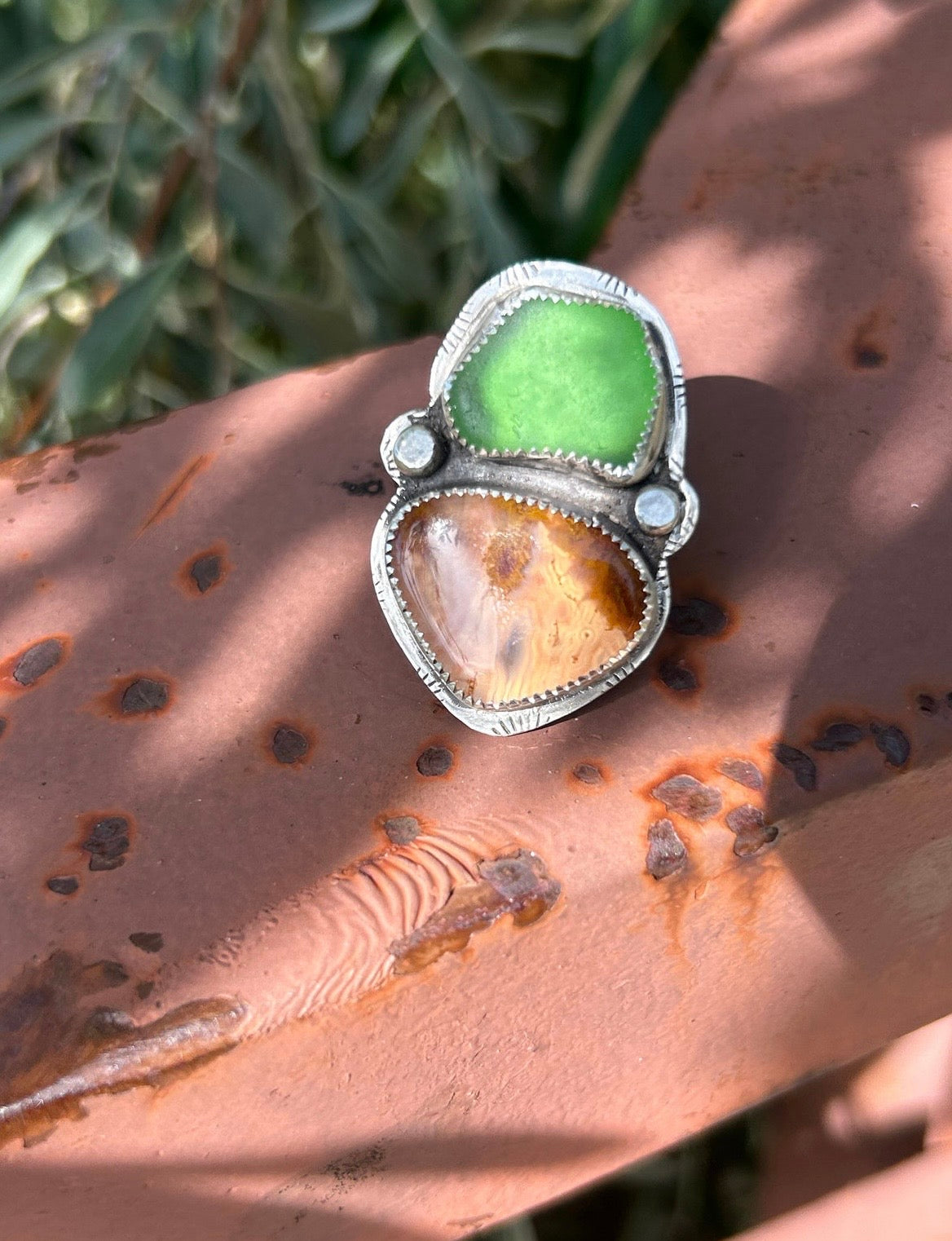 Sea glass & Durango Laguna Agate Ring