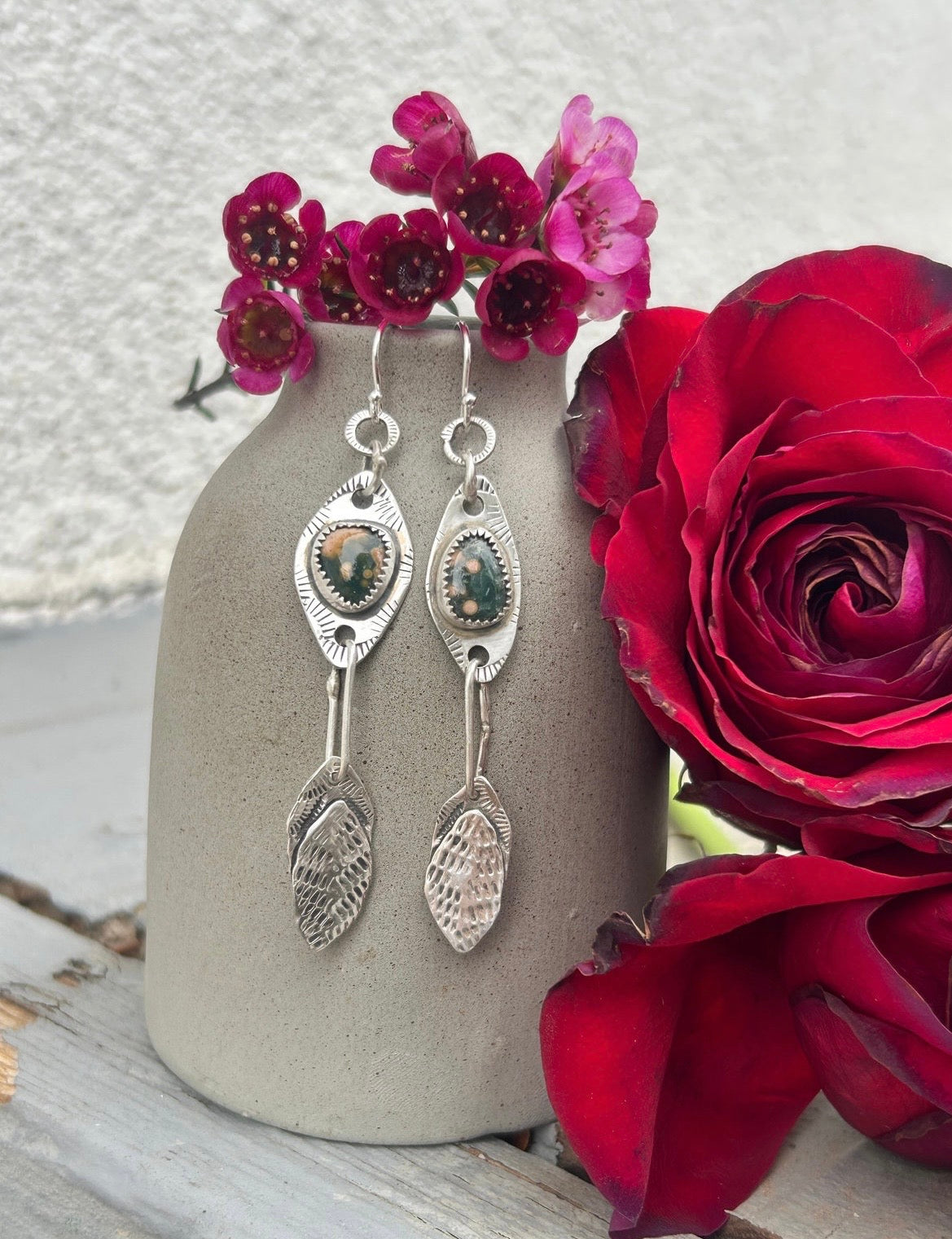 Ocean Jasper & Sterling Silver Feather Earrings