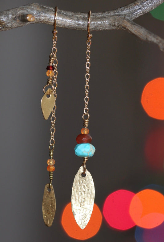 Turquoise, Carnelian, Garnet & Brass Earrings