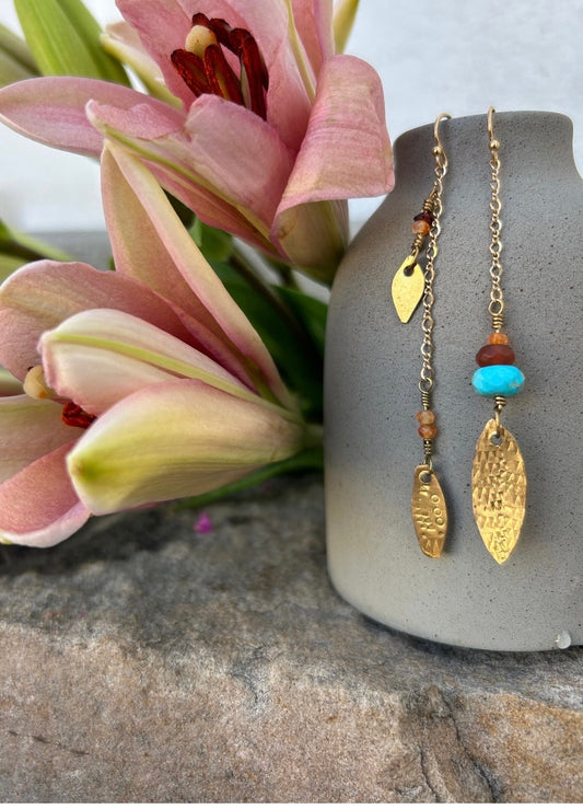 Turquoise, Carnelian, Garnet & Brass Earrings