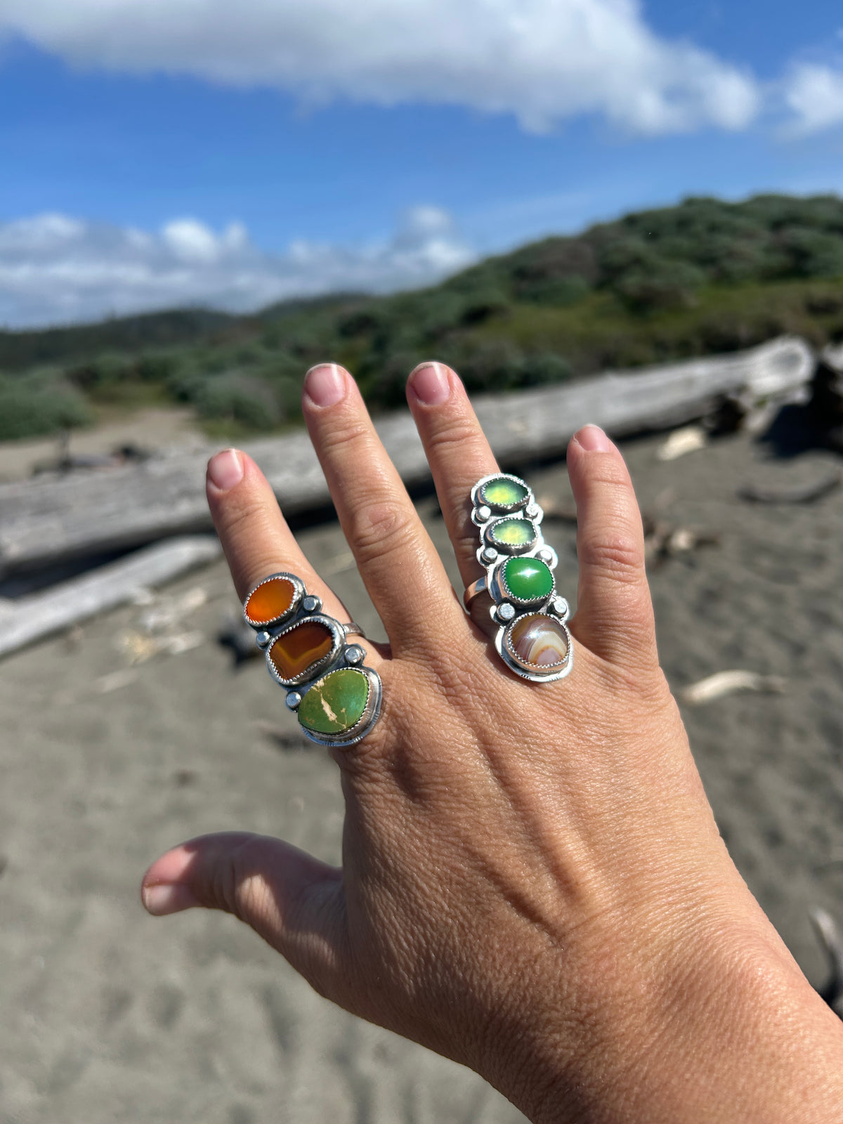 Triple stack Carnelian, Agate & Turquoise Ring