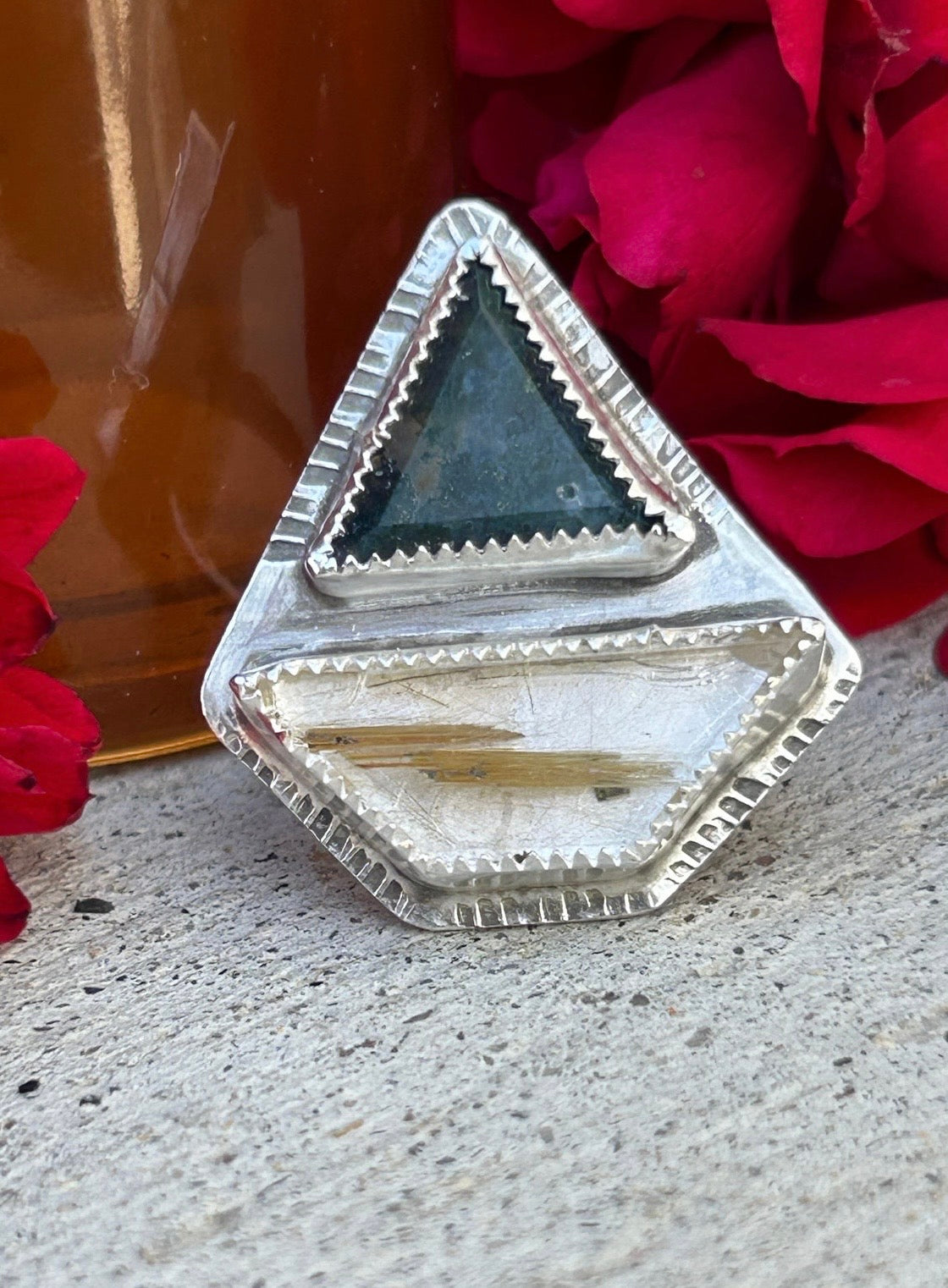 Moss Agate & Rutilated Quartz Superman Ring