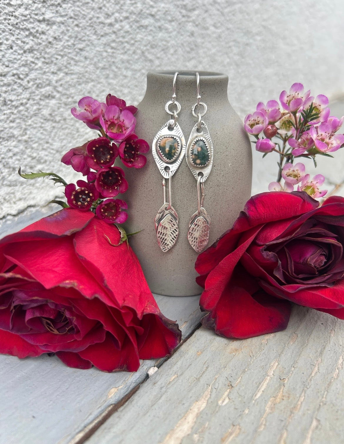 Ocean Jasper & Sterling Silver Feather Earrings