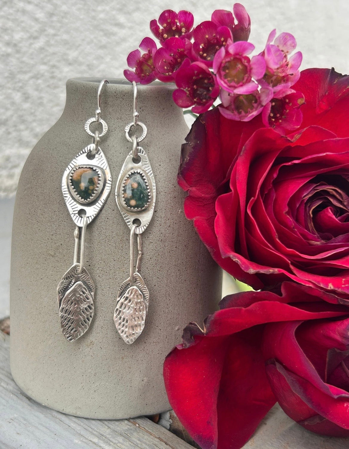 Ocean Jasper & Sterling Silver Feather Earrings
