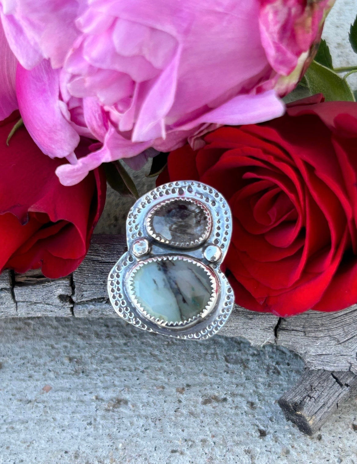 Peruvian Opal & Black Rutilated Quartz Ring