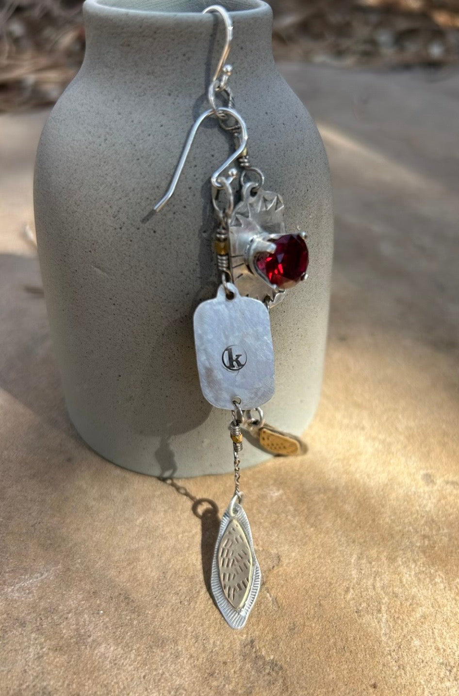 Garnets, Brass & Sterling Silver Earrings