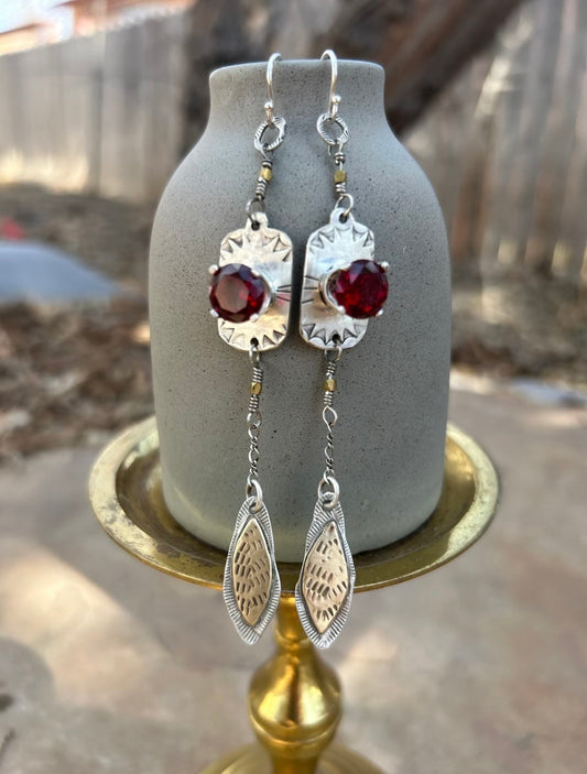 Garnets, Brass & Sterling Silver Earrings