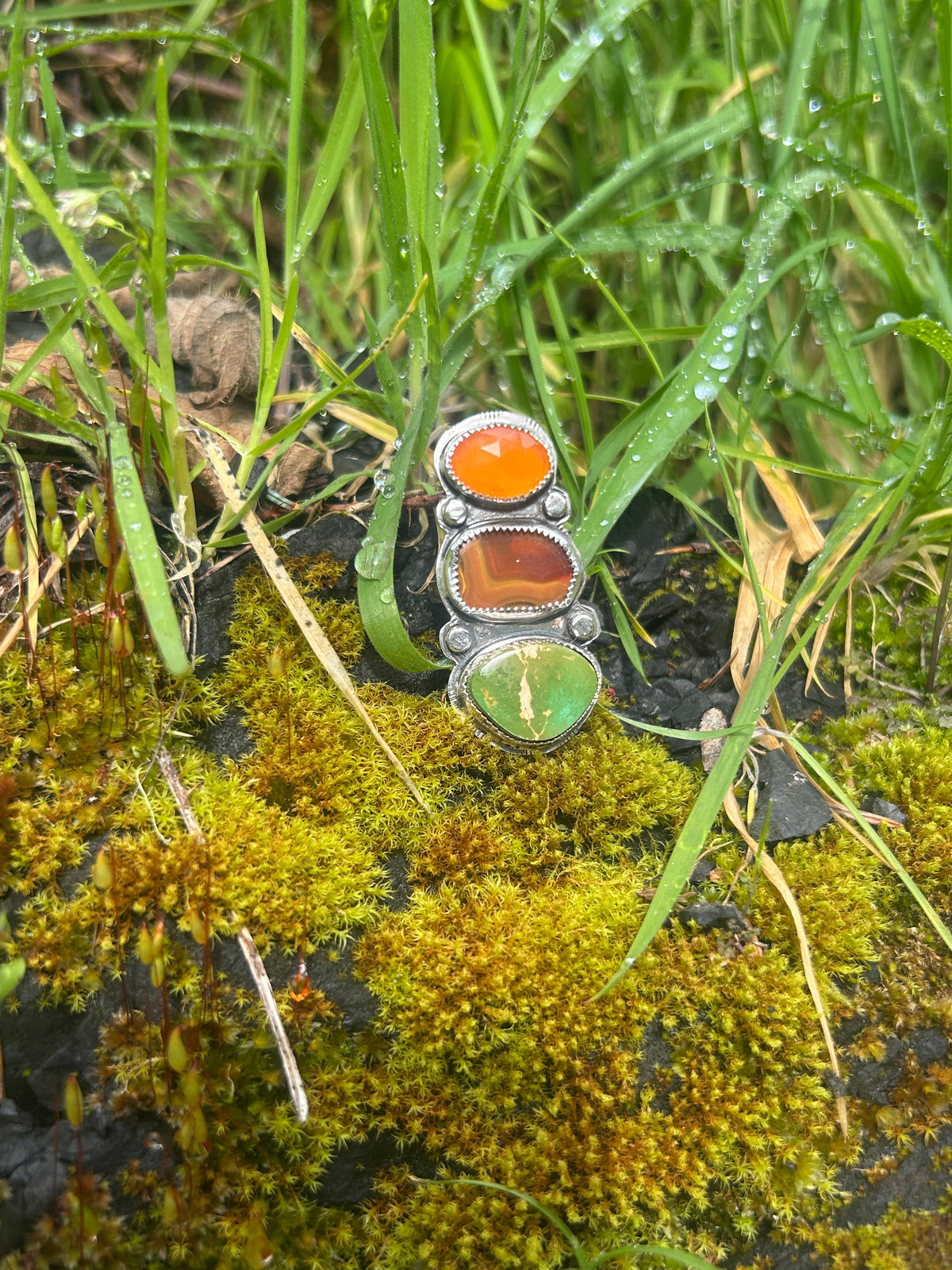 Triple stack Carnelian, Agate & Turquoise Ring