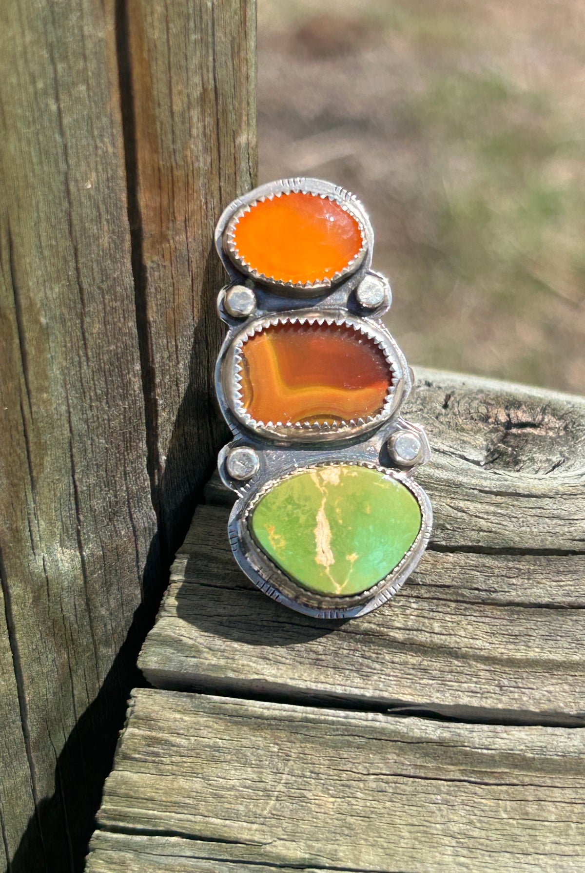 Triple stack Carnelian, Agate & Turquoise Ring