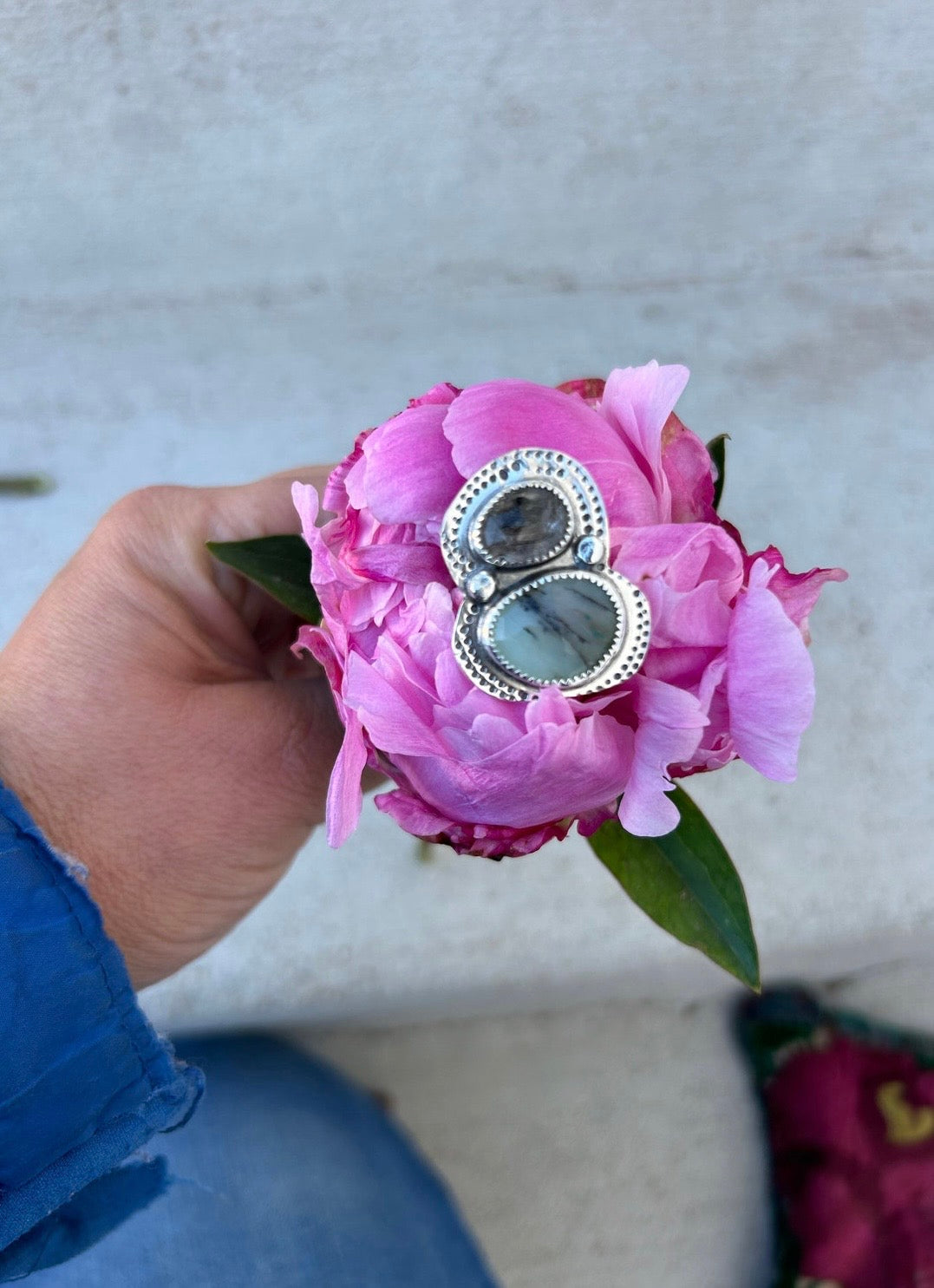 Peruvian Opal & Black Rutilated Quartz Ring