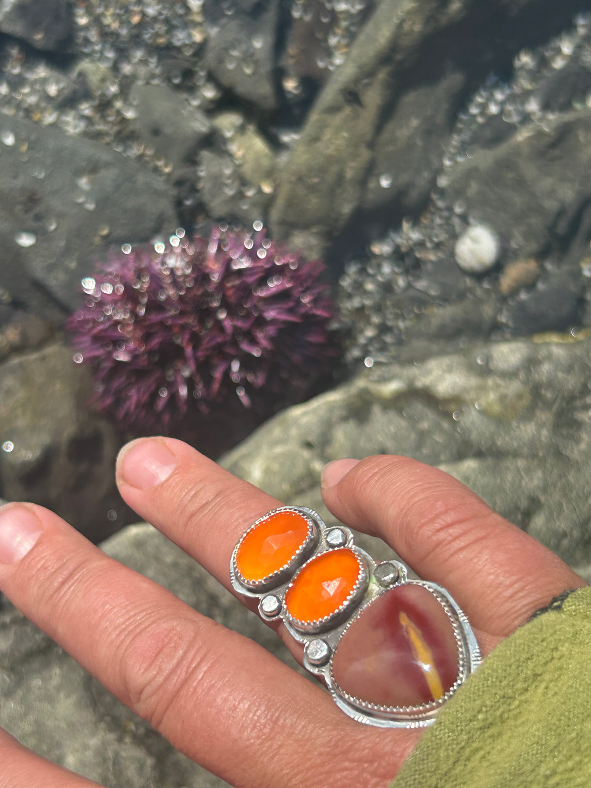 Triple Stack Carnelian & Mookite Ring