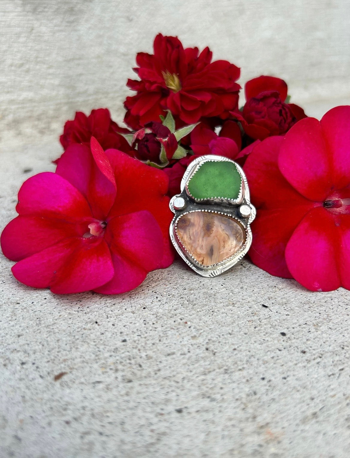Sea glass & Durango Laguna Agate Ring