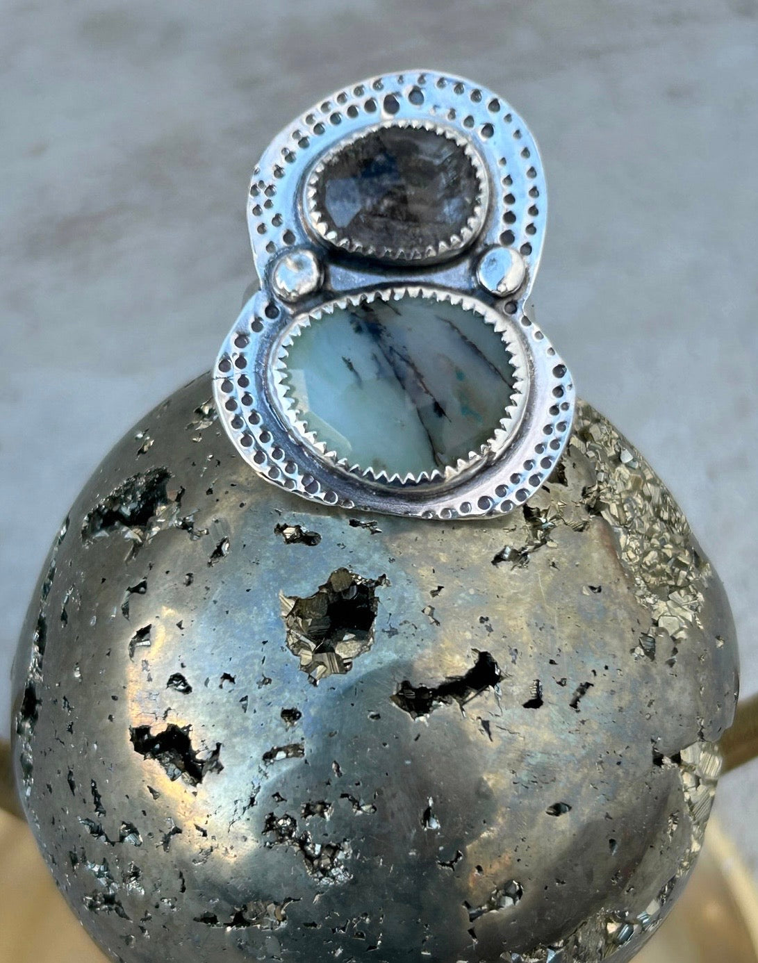 Peruvian Opal & Black Rutilated Quartz Ring