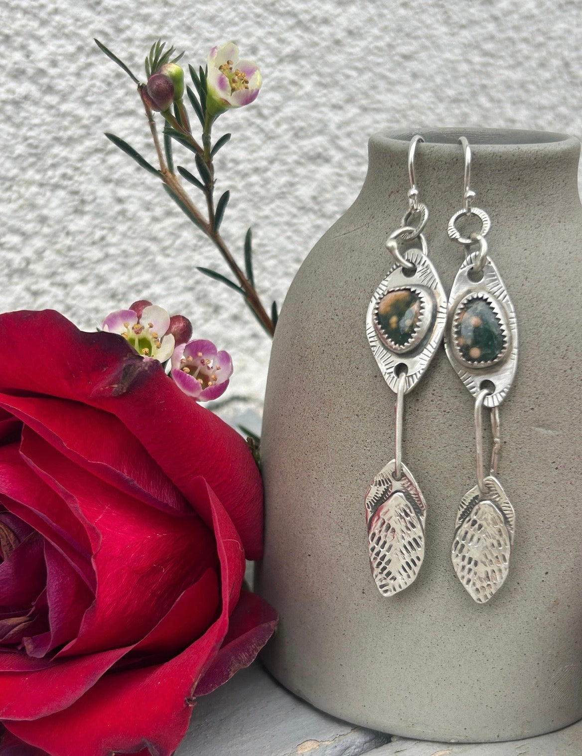 Ocean Jasper & Sterling Silver Feather Earrings