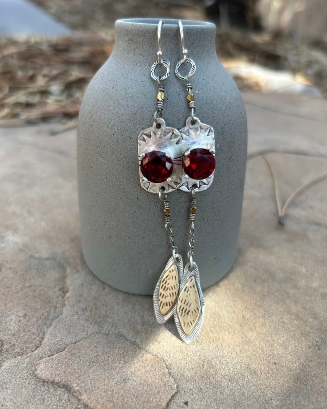 Garnets, Brass & Sterling Silver Earrings