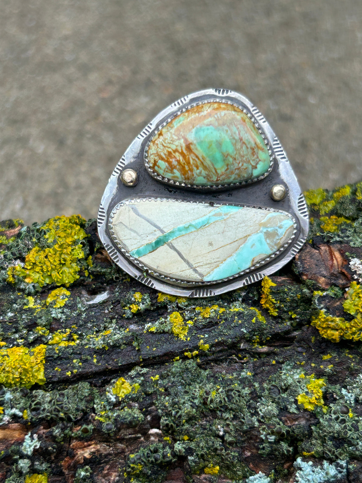 Double Variscite Silver & 14k Gold details Ring
