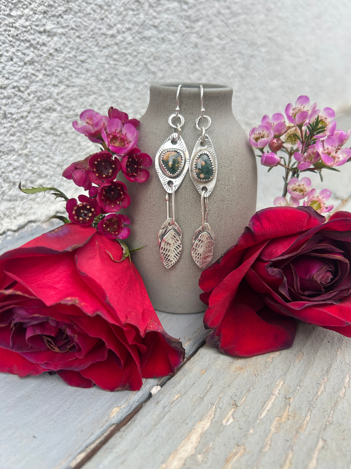Ocean Jasper & Sterling Silver Feather Earrings.