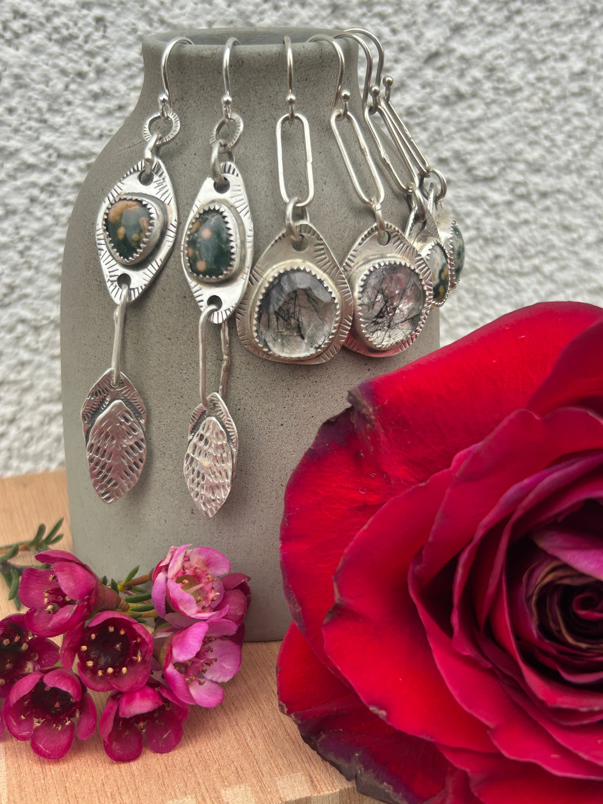 Ocean Jasper & Sterling Silver Feather Earrings.