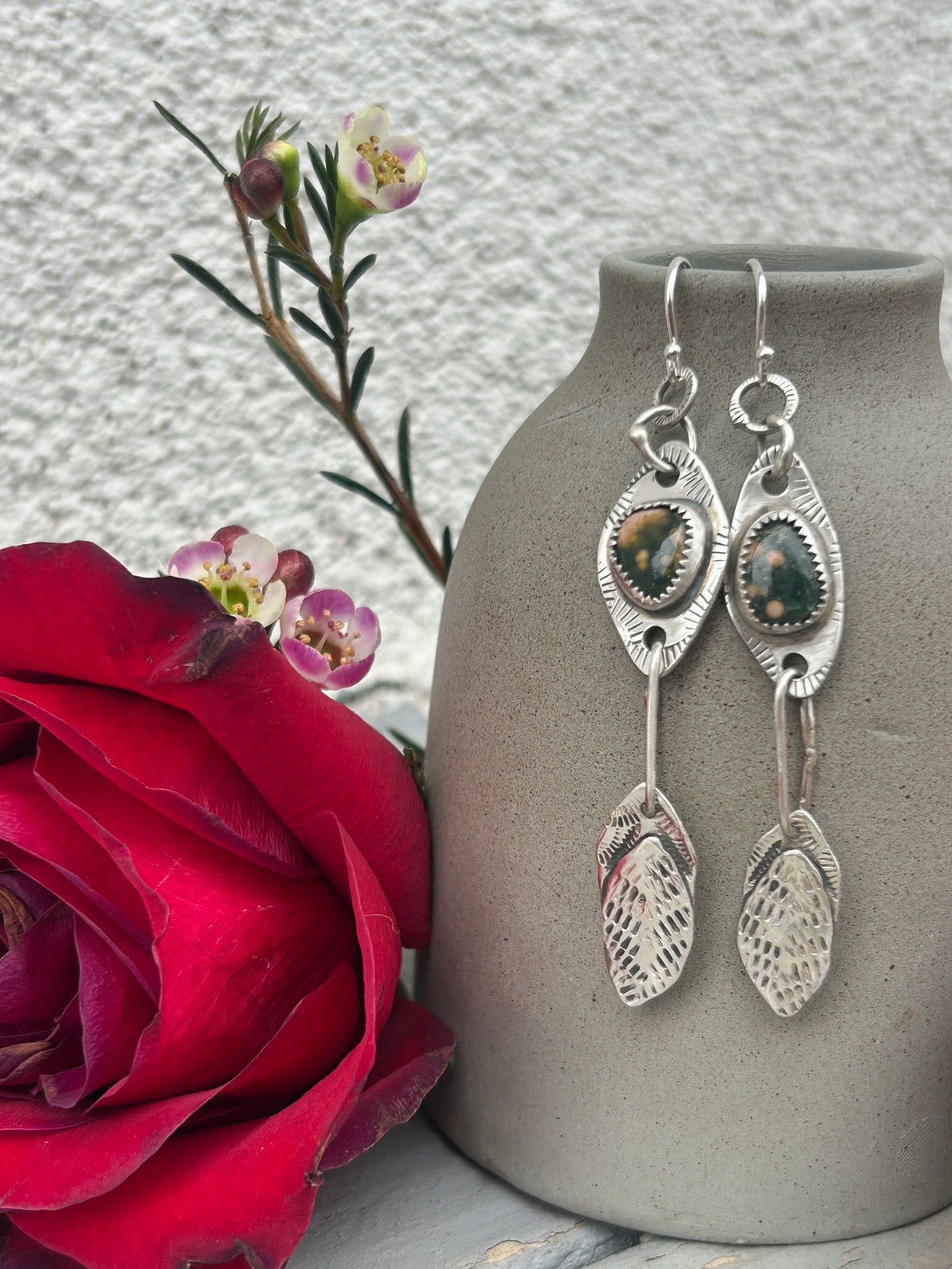 Ocean Jasper & Sterling Silver Feather Earrings.