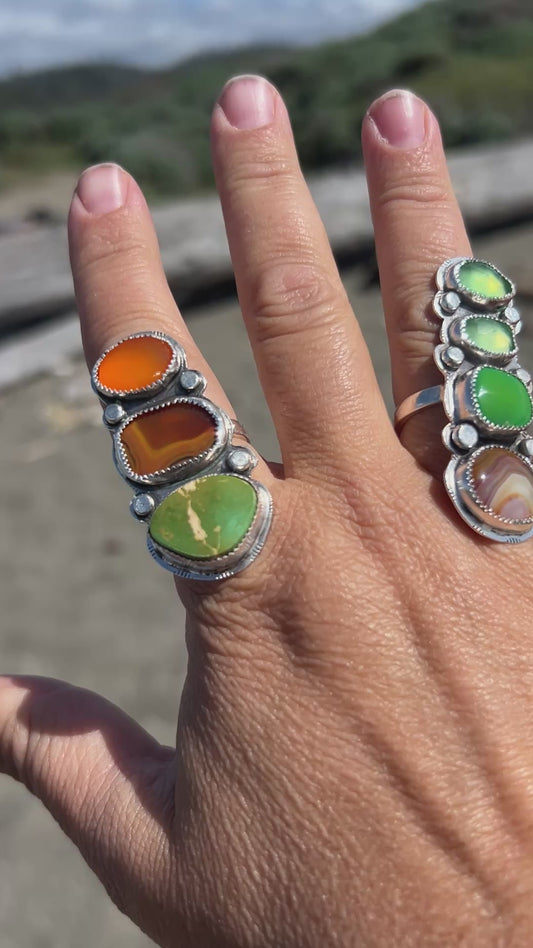 Triple stack Carnelian, Agate & Turquoise Ring